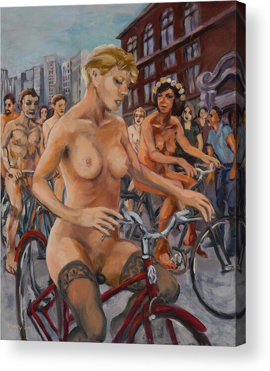 Girl Acrylic Print featuring the painting Bridget with naked riders in suburban street. by Peregrine Roskilly