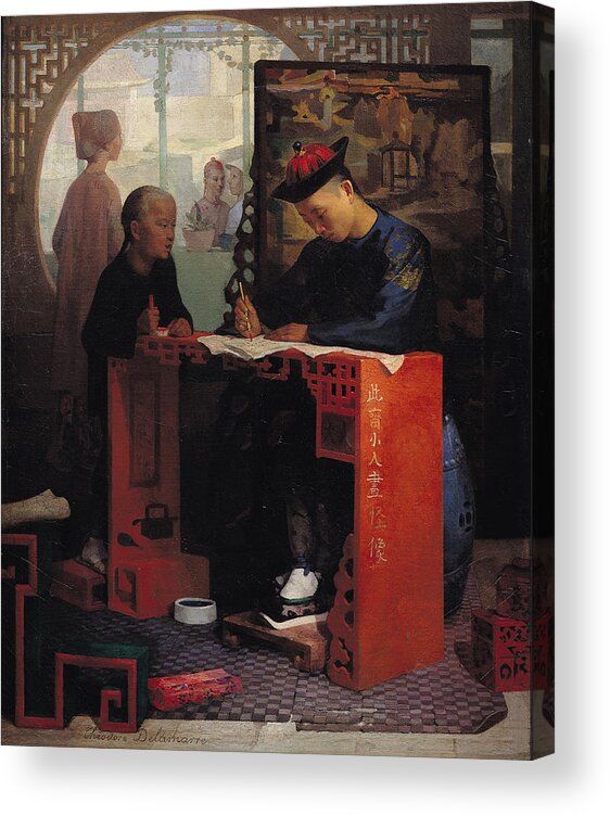 Writing With A Brush Acrylic Print featuring the photograph The Young Chinese Scribe Oil On Canvas by Theodore Delamarre