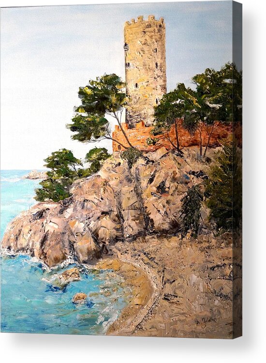 Landscape Acrylic Print featuring the painting Tower at Playa de Aro by Marilyn Zalatan