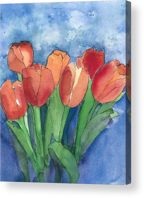 Red And Orange Tulips Acrylic Print featuring the painting Tulips After the Rain by Maria Hunt