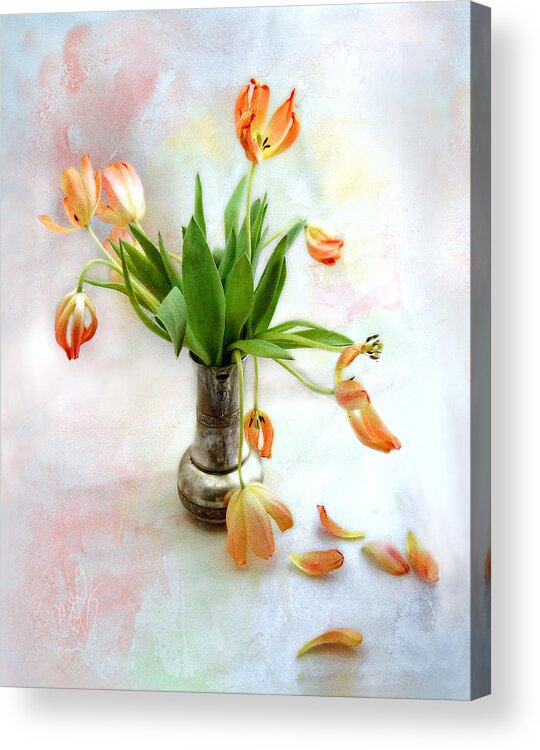 Tulips. Tulip. Flowers Acrylic Print featuring the photograph Tulips in an Old Silver Pitcher by Louise Kumpf
