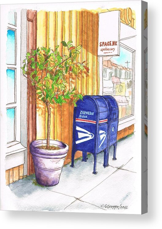 Nature Acrylic Print featuring the painting Two mail boxes and a tree in-Santa Monica - California by Carlos G Groppa