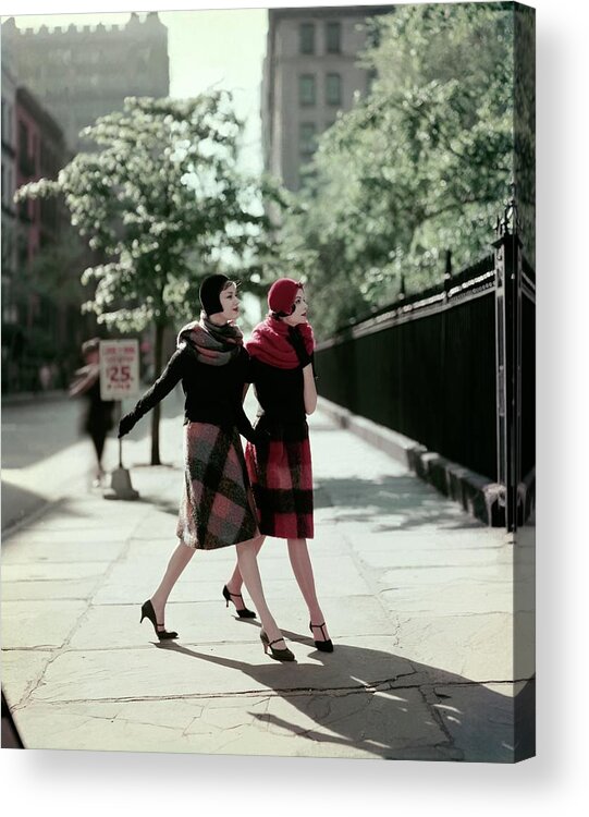 Fashion Acrylic Print featuring the photograph Two Models Wearing Plaid Mohair Skirts And Stoles by Sante Forlano