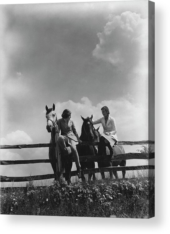 Animal Acrylic Print featuring the photograph Two Women Sitting On A Fence With Horses by Lusha Nelson