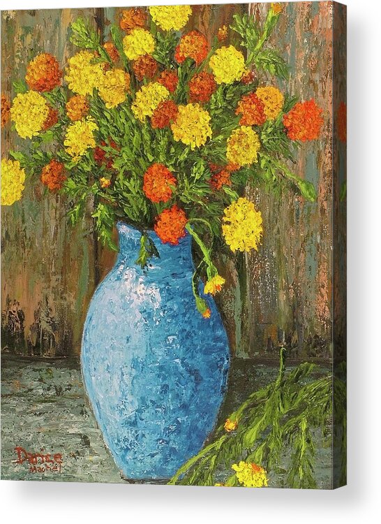 Impressionistic Acrylic Print featuring the painting Vase of Marigolds by Darice Machel McGuire