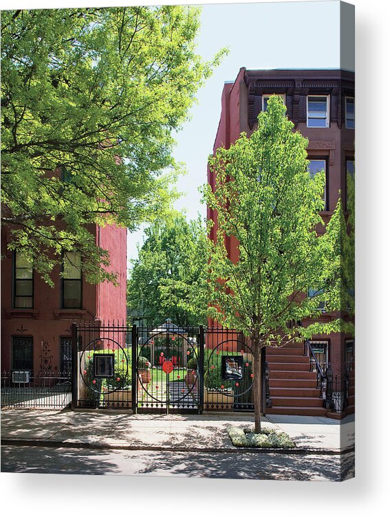 No People Acrylic Print featuring the photograph View Of Building And Garden With Closed Gate by Billy Cunningham