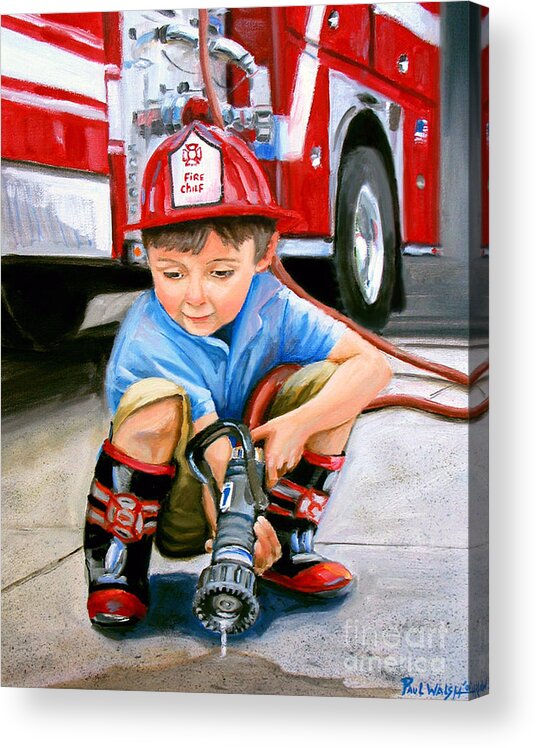 Boy And Fire Truck Acrylic Print featuring the painting When I Grow Up by Paul Walsh