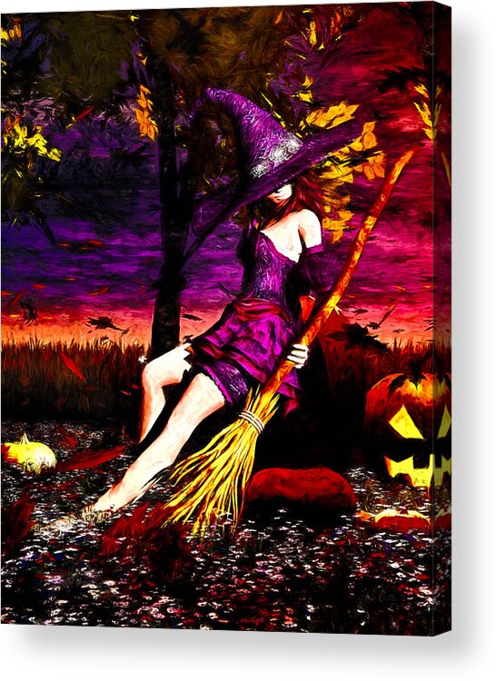 Pumpkin Patch Acrylic Print featuring the painting Witch in the pumpkin patch by Bob Orsillo