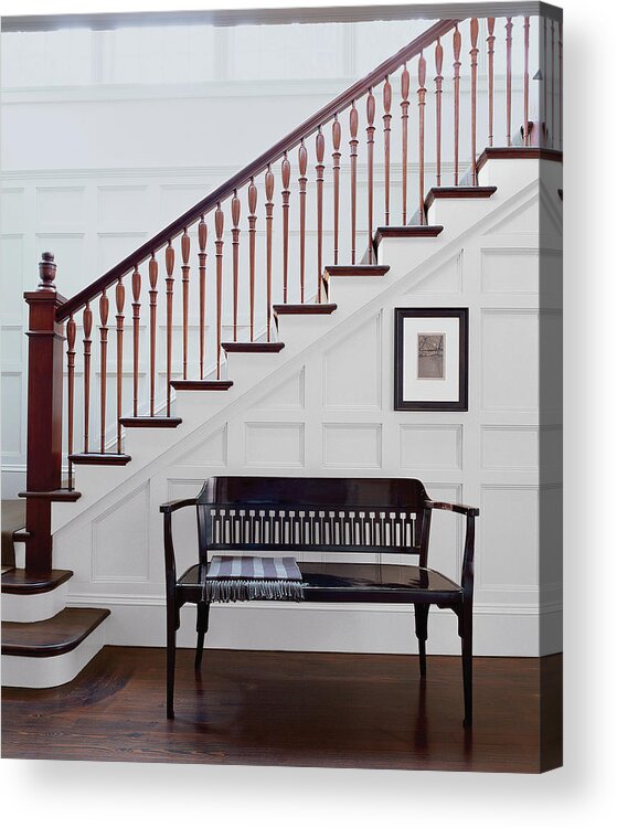 No Peopleindoorsdaycolour Imagephotographysquarebenchclothstaircaserailingsbanisterpicture Framewoodwooden Floorhome Interiorsimplicityabsence #condenastarchitecturaldigestphotograph Acrylic Print featuring the photograph Wooden Bench And Staircase Inside House by Scott Frances