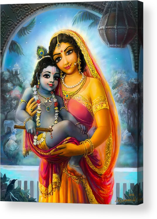 Krishna Acrylic Print featuring the mixed media Yashoda and Krishna by Lila Shravani