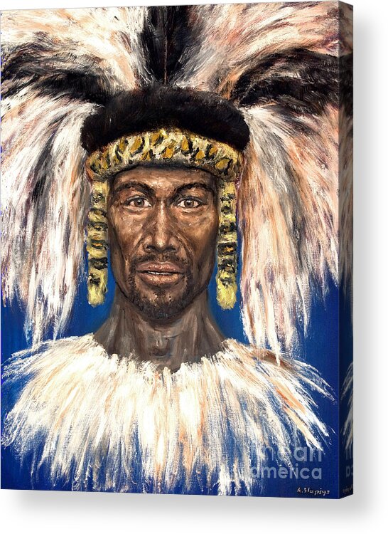 Zulu Acrylic Print featuring the painting Zulu warrior by Arturas Slapsys