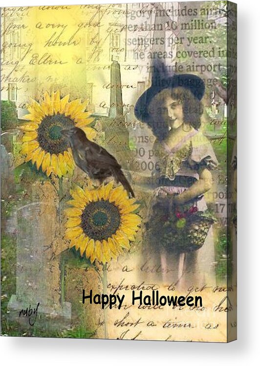 Halloween;witch;crow;cemetery;sunflower Girl Acrylic Print featuring the digital art A Sunny Witch Day by Ruby Cross