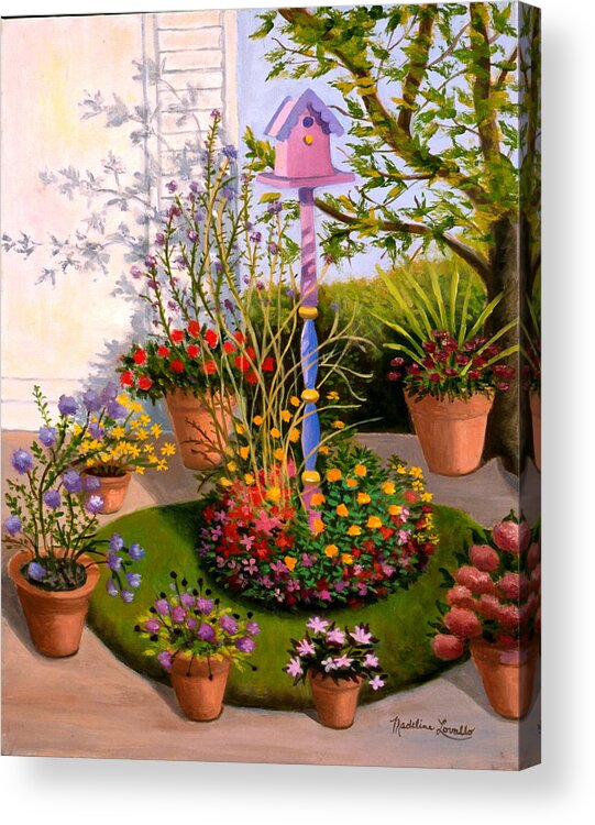 Birdhouse Acrylic Print featuring the painting Bird House In My Backyard by Madeline Lovallo