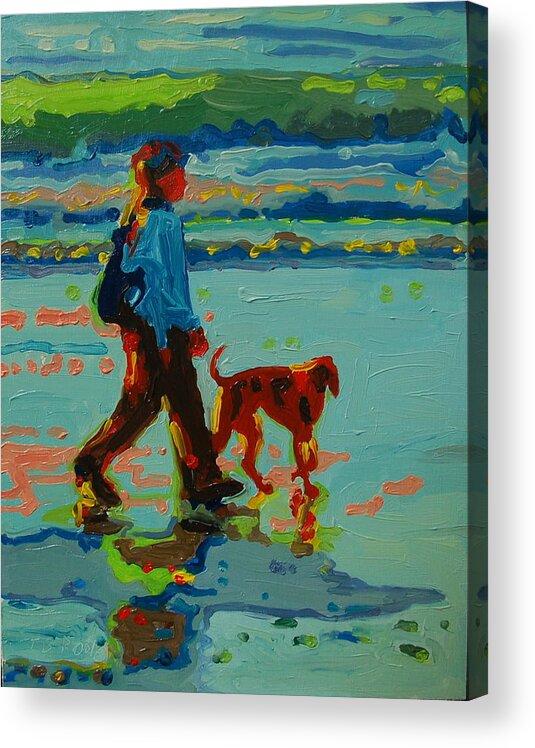 Carmel Beach Sunset Dog Walk Blue And Light Green And Rust Colors Reflections In Water Backlit Silhouette Acrylic Print featuring the painting Carmel Beach Sunset Dog Walk by Thomas Bertram POOLE