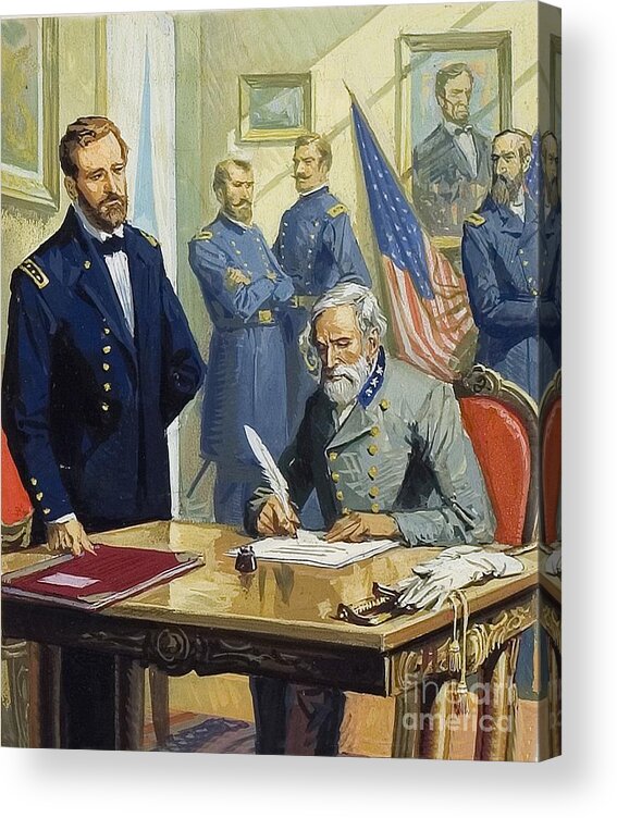 Battle Of Gettysburg Acrylic Print featuring the painting General Ulysses Grant accepting the surrender of General Lee at Appomattox by Severino Baraldi
