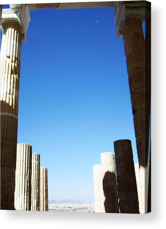 Athens Acrylic Print featuring the photograph Half Moon Blue Sky at Acropolis Parthenon Tall Pillars in Athens Greece by John Shiron
