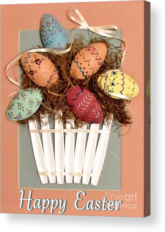 Easter Eggs Acrylic Print featuring the relief Happy Easter by Marilyn Smith