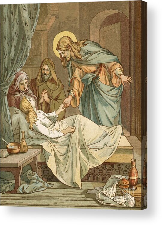 Bible; Jesus Christ; Raising; Jairus's; Jairus; Daughter; Bed; Miracle Acrylic Print featuring the painting Jesus Raising Jairus's Daughter by John Lawson