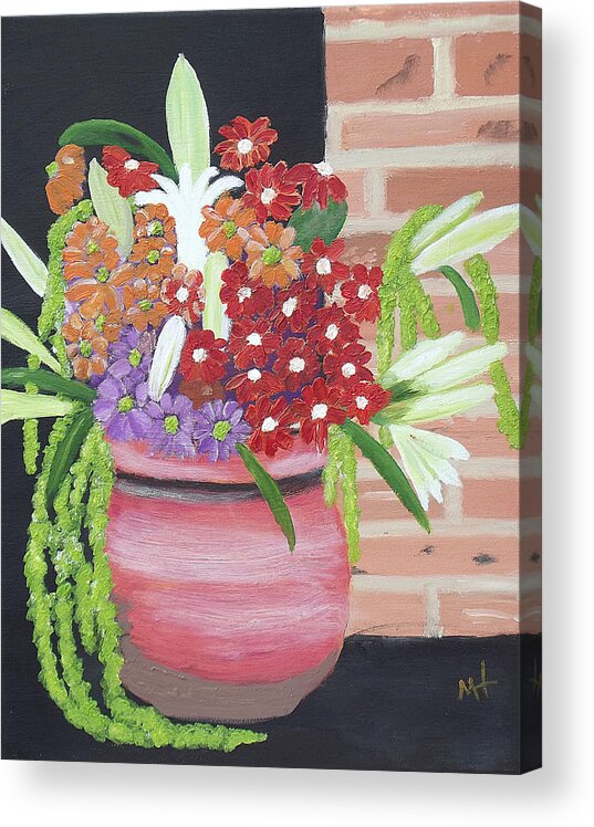 Flowers In Crock Pot Framed Print Acrylic Print featuring the painting Mixed Flowers in Orange Crock by Margaret Harmon