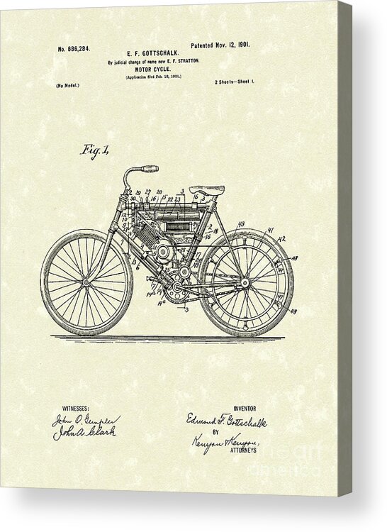 Gottschalk Acrylic Print featuring the drawing Motorcycle 1901 Patent Art by Prior Art Design