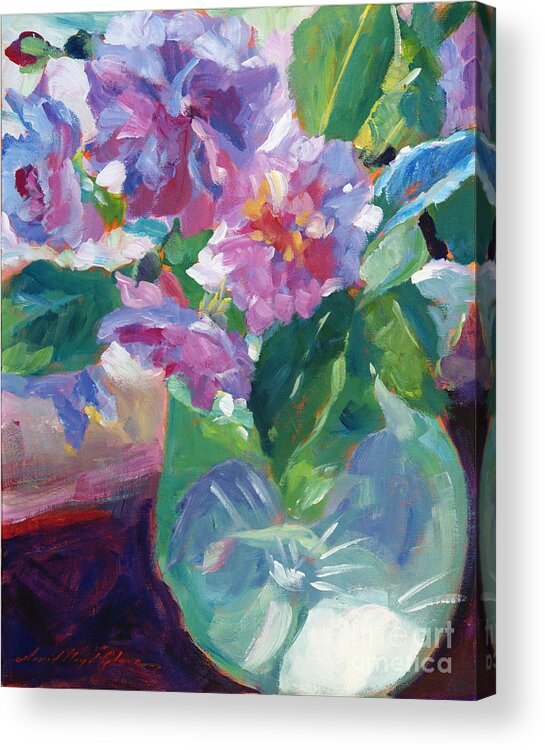 Plein Air Acrylic Print featuring the painting Pink Flowers in Green Glass by David Lloyd Glover