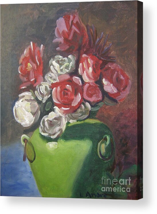 Floral Acrylic Print featuring the painting Roses and Green Vase by Lilibeth Andre