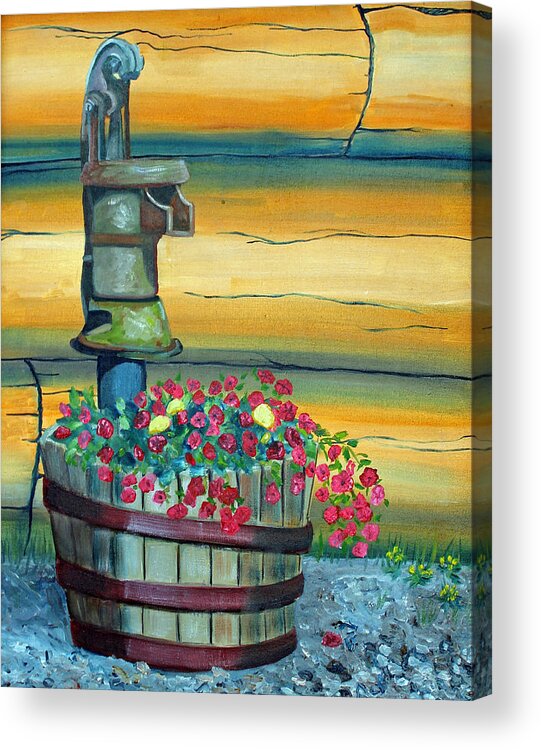 Old Fashioned Water Pump Acrylic Print featuring the painting Waterpump and Petunias by Amy Reisland-Speer