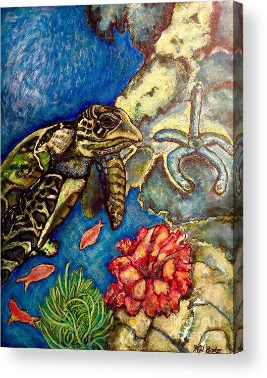 Sea Turtle Acrylic Painting Nature Black Gray White Taupe Blue Green Hawksbill Sea Turtle (eretmochelys Imbricata) Critically Endangered Sea Turtle Family Cheloniidae Genus Eretmochelys Worldwide Atlantic And Pacific Caribbean Coral Reefs Mangrove Swamps Estuaries Protective Carapace Flipper-like Arms Curving Beak Prominent Tomium Saw-like Shell Coral Reef Blue Green Coral Sea Anemone Terrestrial Flower Predatory Stinging Polyps Golden Bright Orange Coral Fish Blue Starfish Blue Water Acrylic Print featuring the painting Sweet Mystery of the Sea A Hawksbill Sea Turtle Coasting in the Coral Reefs Original by Kimberlee Baxter