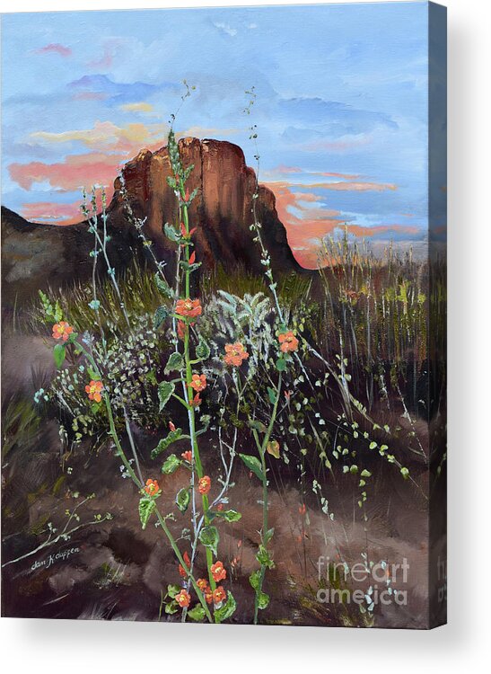 Landscape Acrylic Print featuring the painting Arizona Desert Flowers-Dwarf Indian Mallow #1 by Jan Dappen