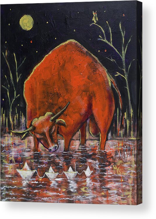  Acrylic Print featuring the painting Bull and paper boats #1 by Maxim Komissarchik