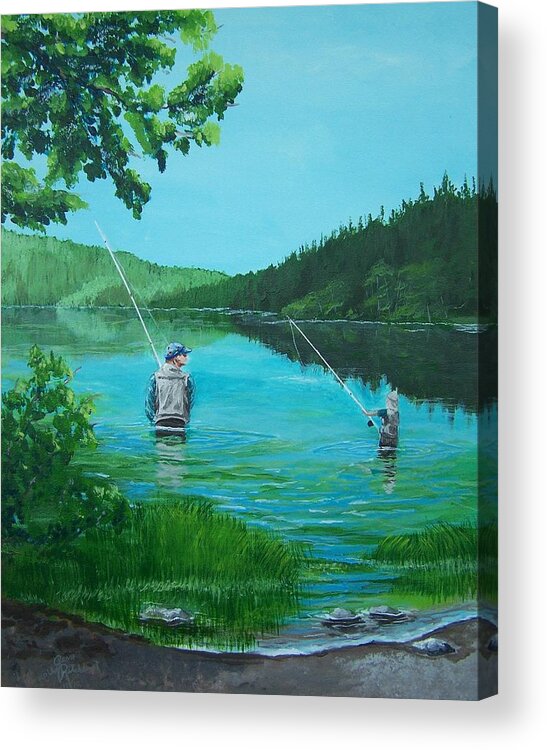 Dad Acrylic Print featuring the painting Dad and Son Fishing #1 by Gene Ritchhart