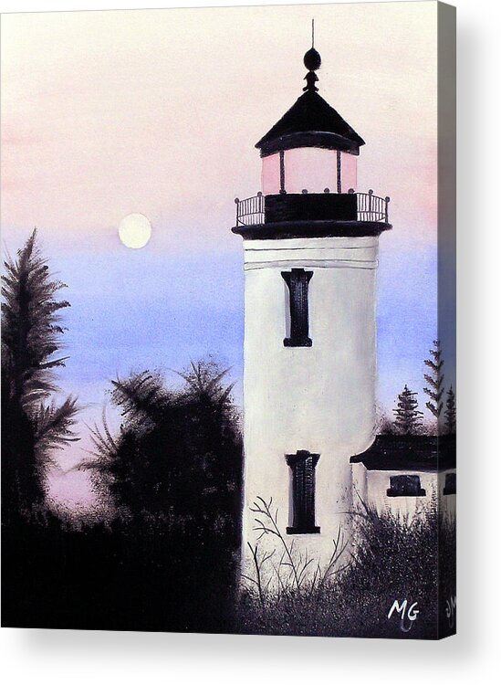 Lighthouse Acrylic Painting Acrylic Print featuring the painting Lonesome Lighthouse #1 by Mary Gaines