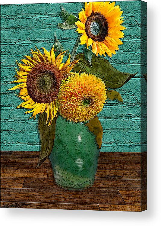Still Life - Vase With Three Sunflowers Acrylic Print featuring the drawing Still Life - Vase with Three Sunflowers #1 by Jose A Gonzalez Jr