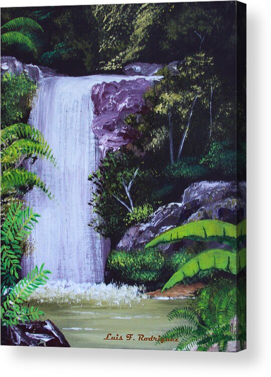 Tropical Acrylic Print featuring the painting Tropical Waterfall by Luis F Rodriguez