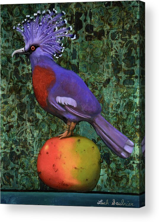 Victoria Crowned Pigeon Acrylic Print featuring the painting Victoria Crowned Pigeon On A Mango #2 by Leah Saulnier The Painting Maniac