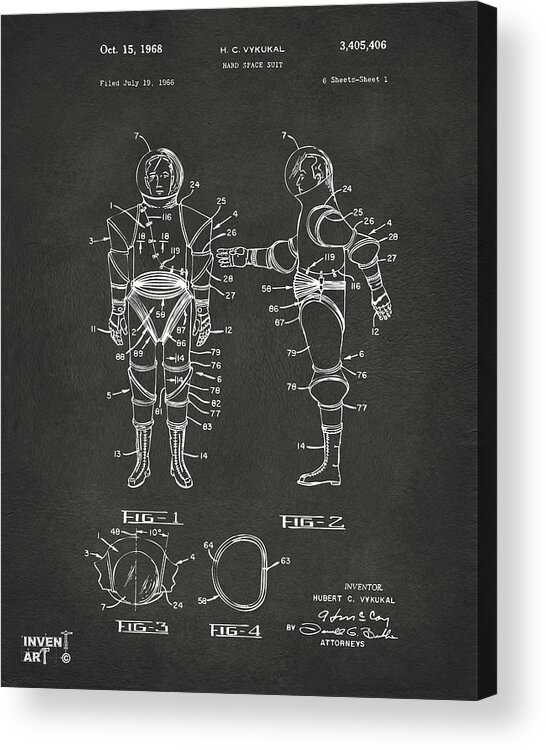 Space Suit Acrylic Print featuring the digital art 1968 Hard Space Suit Patent Artwork - Gray by Nikki Marie Smith