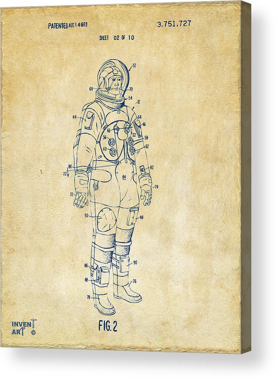 Space Suit Acrylic Print featuring the digital art 1973 Astronaut Space Suit Patent Artwork - Vintage by Nikki Marie Smith