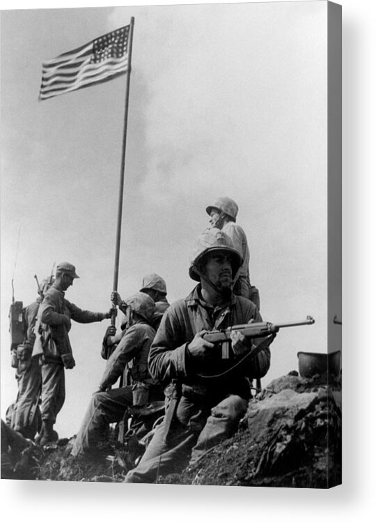 Iwo Jima Acrylic Print featuring the photograph 1st Flag Raising On Iwo Jima by War Is Hell Store