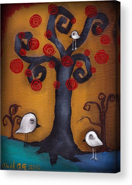 Whimsical Tree Acrylic Print featuring the painting 3 Little Birds by Abril Andrade