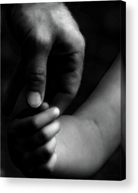 Hands Acrylic Print featuring the photograph A Fathers Touch BW by Lesa Fine
