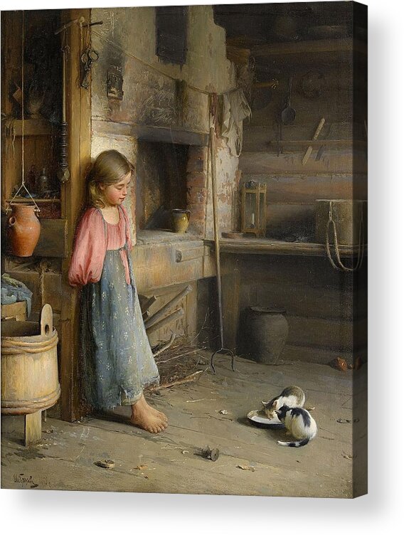 Ivan Lavrentievich Gorokhov Russia 1863-1934 A Girl With Kittens Acrylic Print featuring the painting A girl with kittens by MotionAge Designs