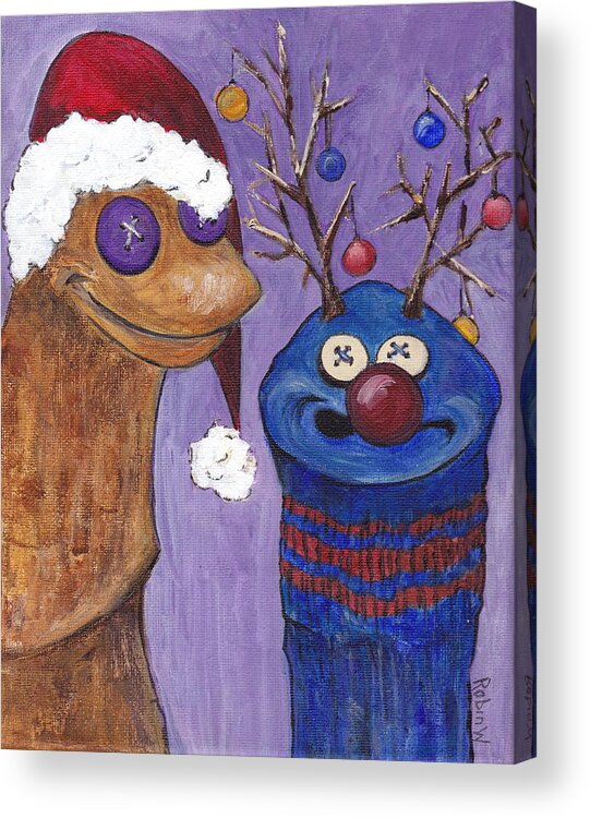 Sock Puppet Acrylic Print featuring the painting A Sock Puppet Christmas by Robin Wiesneth