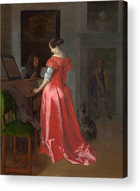 Jacob Ochtervelt Acrylic Print featuring the painting A Woman standing at a Harpsichord a Man seated by her by Jacob Ochtervelt