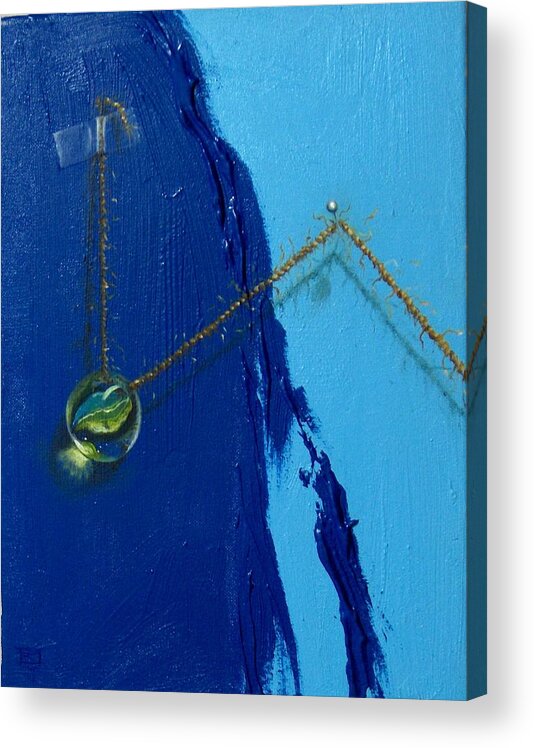 Marble Hanging By Rope Held By Tape And Needle Acrylic Print featuring the painting Acrobatics number two by Roger Calle