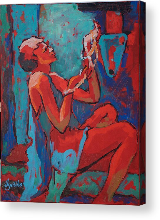 Woman Admiring Beads Acrylic Print featuring the painting Admiring Beads by Jyotika Shroff