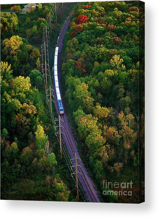 Aerial Acrylic Print featuring the photograph Aerial of commuter train by Tom Jelen