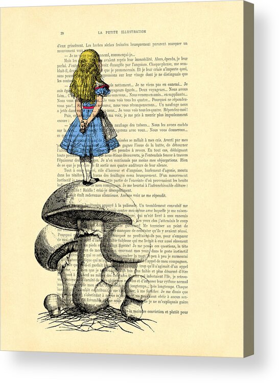 Alice Acrylic Print featuring the digital art Alice in wonderland standing on giant mushroom by Madame Memento