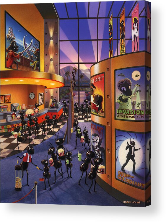 Ants. Ant Farm Characters Acrylic Print featuring the painting Ants at the Movie Theatre by Robin Moline