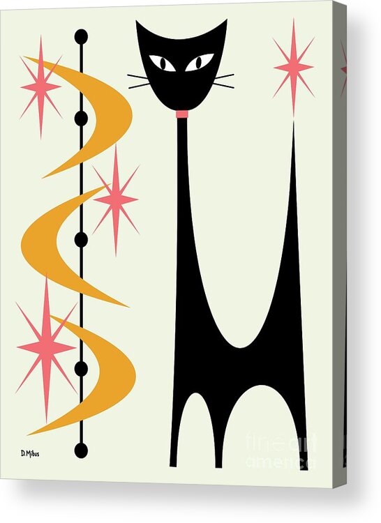 Mid Century Modern Acrylic Print featuring the digital art Atomic Cat Pink and Gold on Cream by Donna Mibus