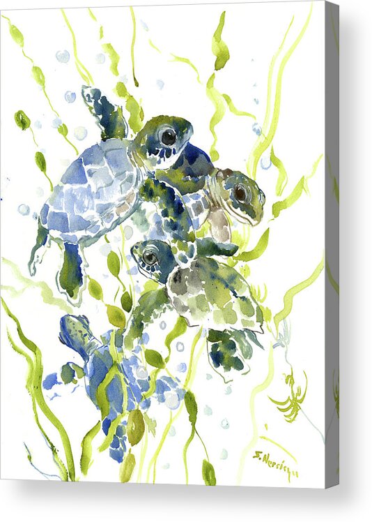 Sea Turtle Art Acrylic Print featuring the painting Baby Sea Turtles in the Sea by Suren Nersisyan